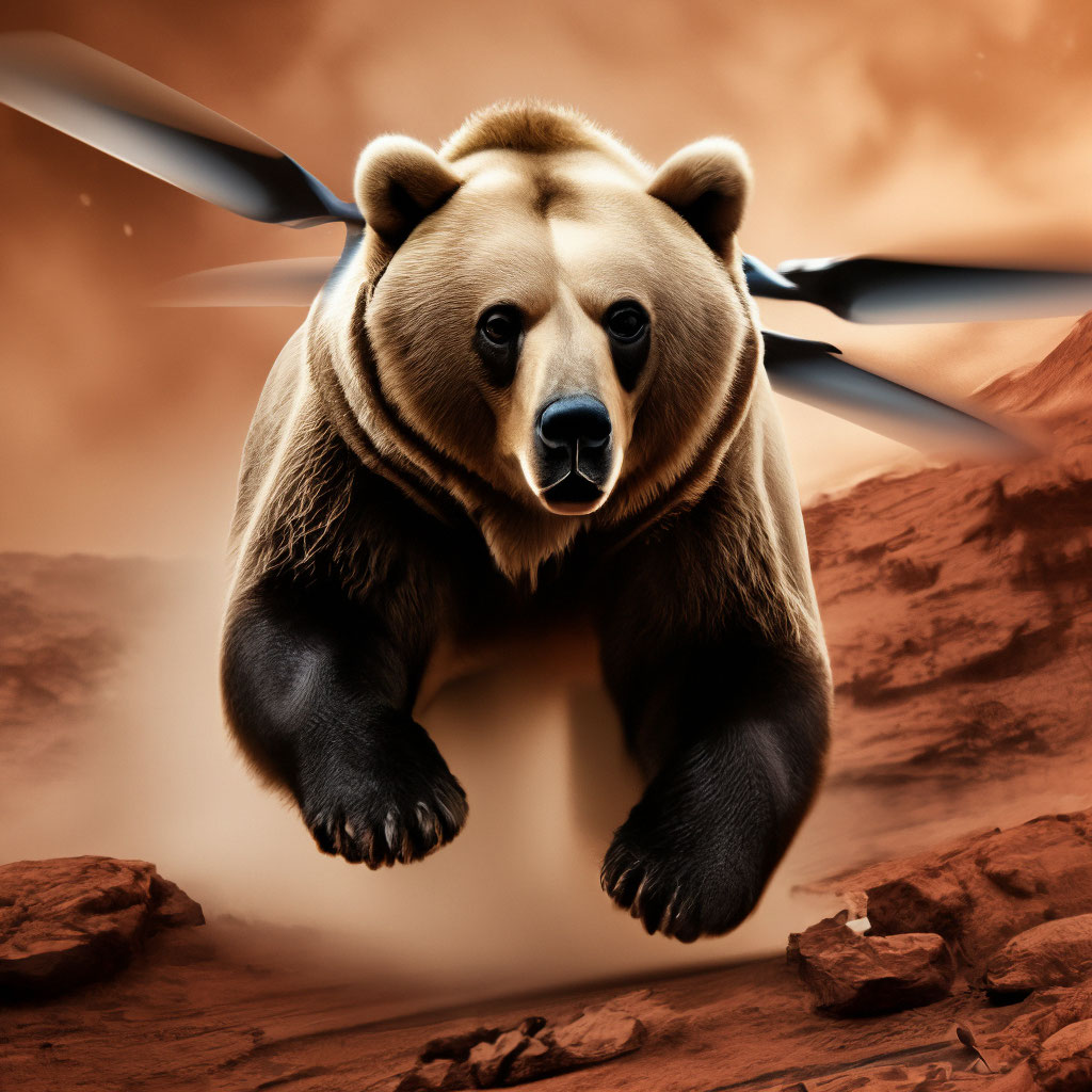 "Bear with helicopter blades flying on Mars" — image created in Shedevrum
