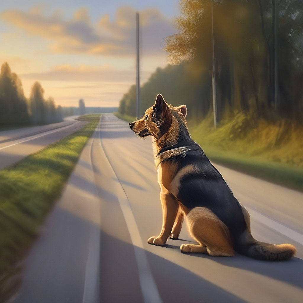 "The dog is waiting for the owner on the road Photorealism" — image ...