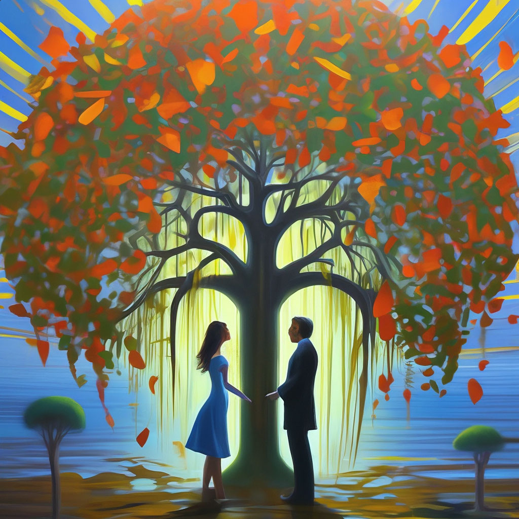 "Painting of two people standing under a tree with leaves falling from ...
