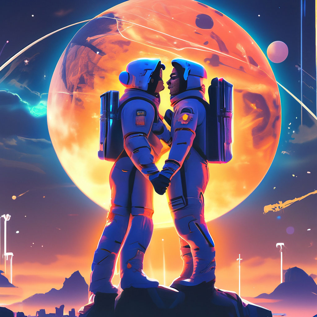 "Space, a man and a woman in a space suit are standing on the planet ...