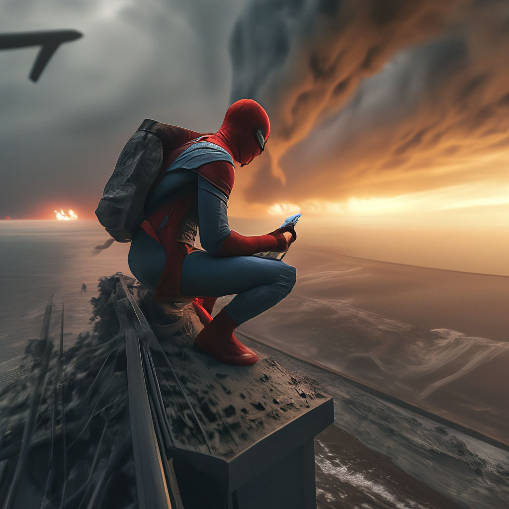 "4K, spider-man, taking pictures of himself, at high altitude, realism ...