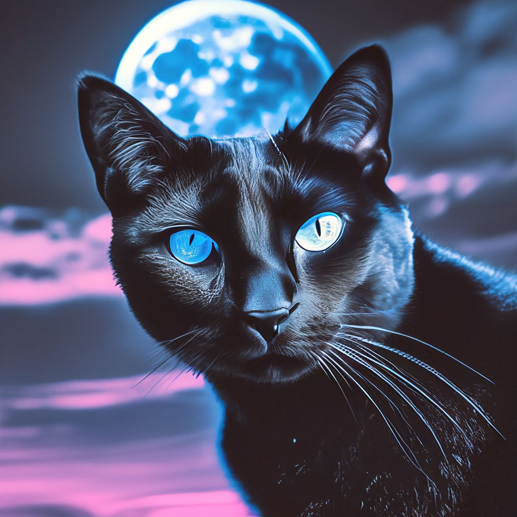 "⭐💫 Black cat with blue eyes, and the moon on the background ...