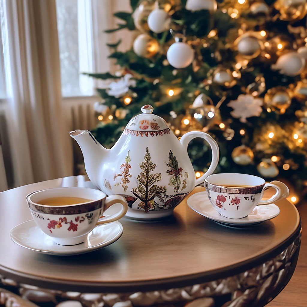 "New Year's teapot and tea cup with saucer, table, Christmas tree ...