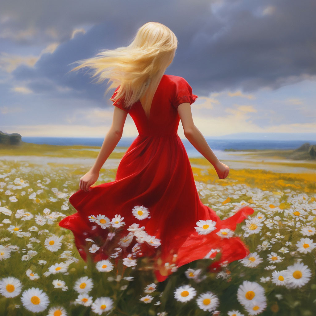 "A beautiful blonde girl in a red dress walks through a field of ...