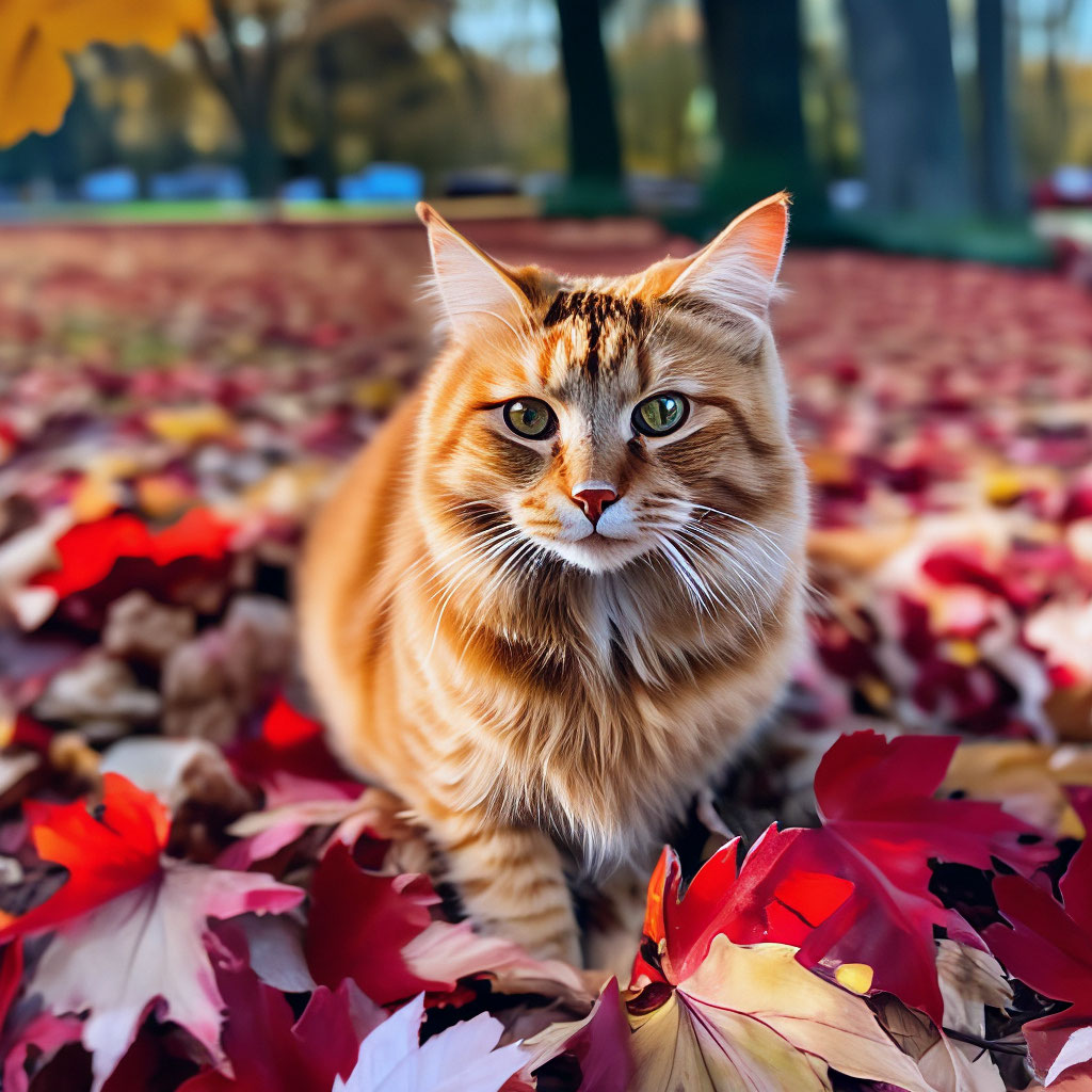 "Fallen leaves on a red cat" — image created in Shedevrum