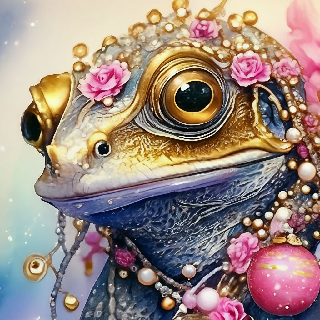 "Watercolor, black-gilt ink,ink drawing,4k, hyper-colored alien frog ...