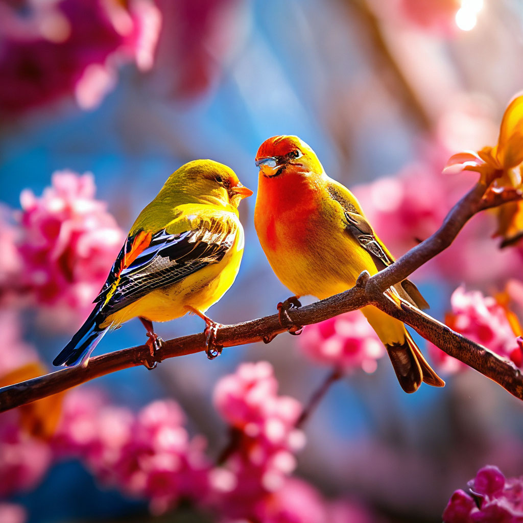 bright-beautiful-birds-on-a-branch-flowers-in-the-background