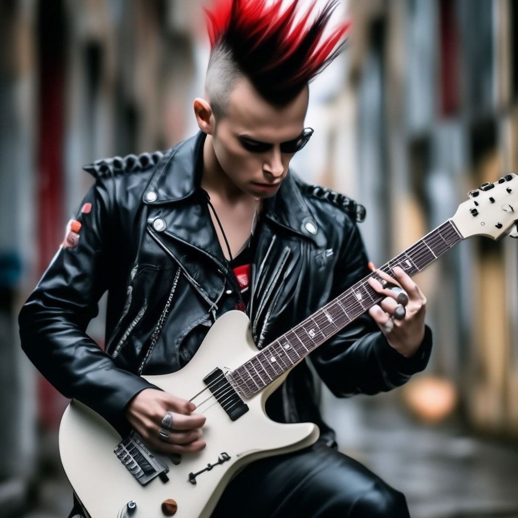 "Punk playing electric guitar punk with mohawk rocker black jacket ...