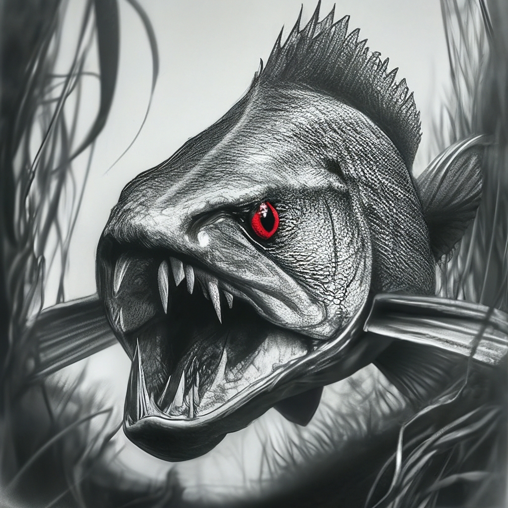 "Mysterious dark gloomy depths, underwater, predatory creepy huge pike(02)