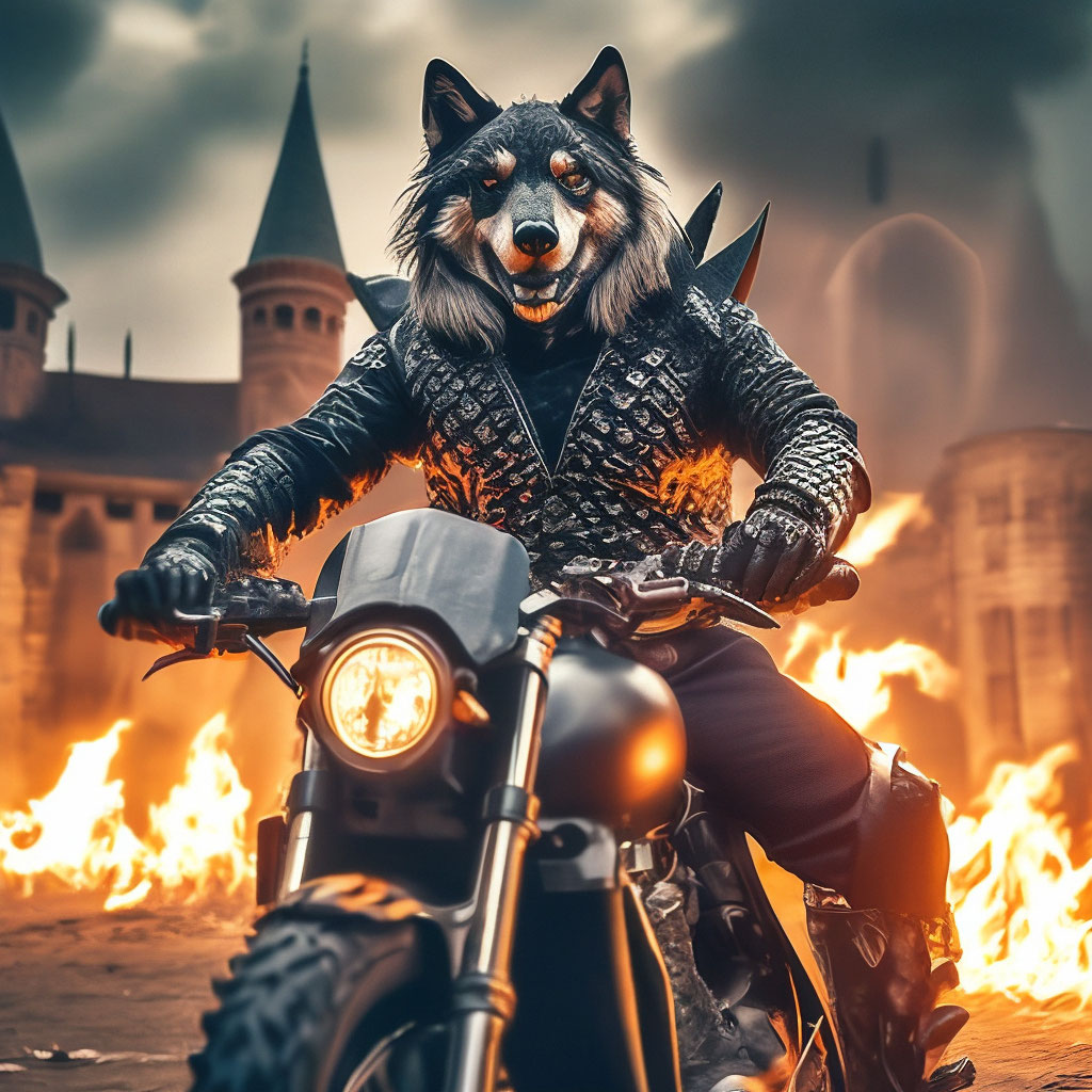 "Wolf on a motorcycle in a leather jacket with spikes, gloves with ...