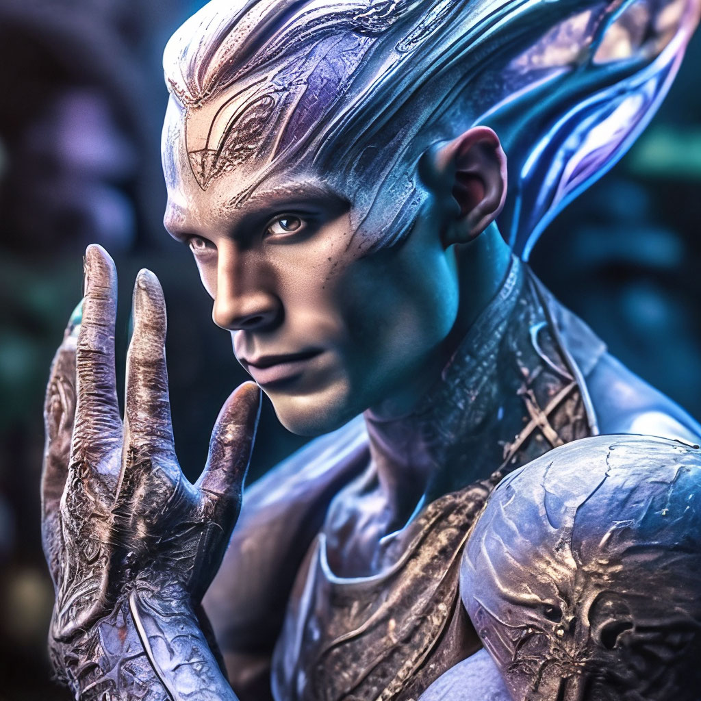"Handsome manly alien, mesmerizing look, intricate hairstyle, holding ...