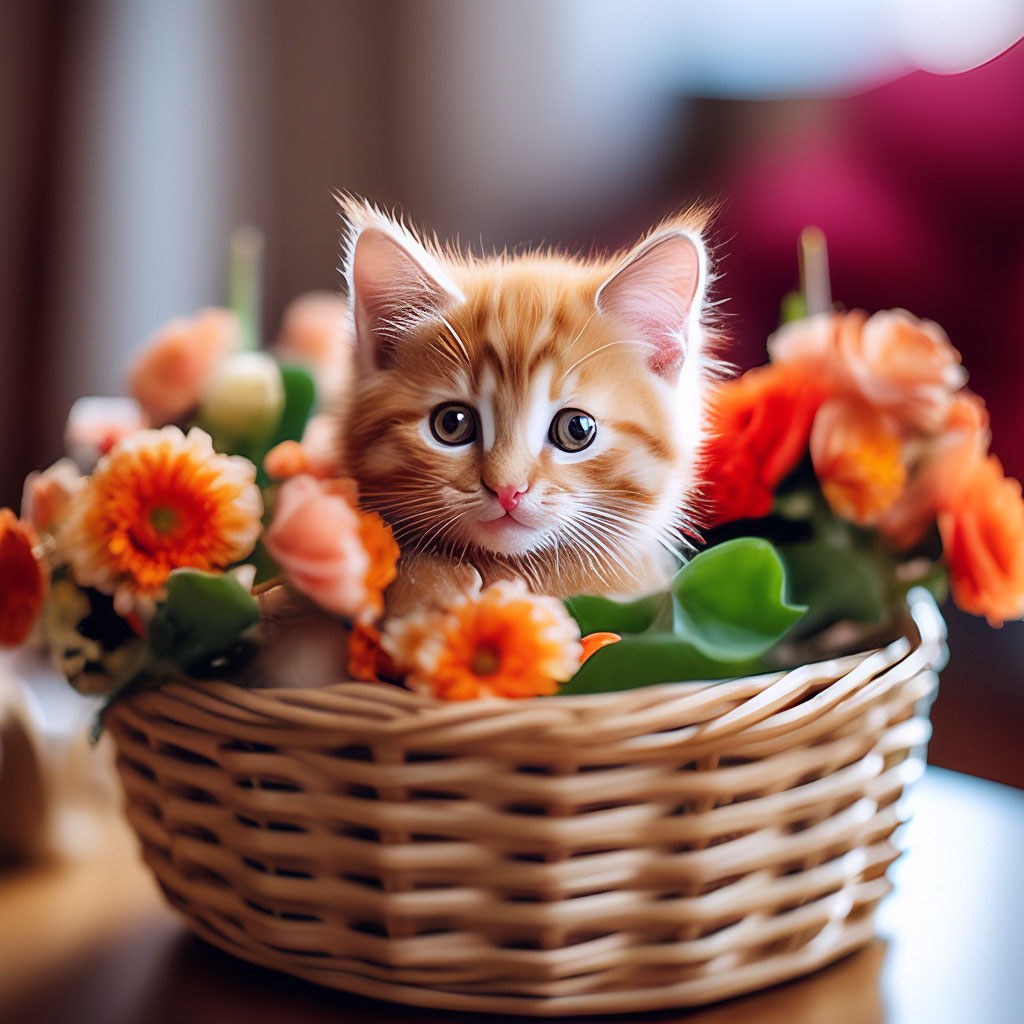 "A little red kitten is sitting on the table in a basket with flowers ...