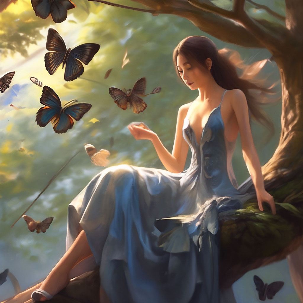 a girl in an evening dress is sitting on a tree branch,a large ...