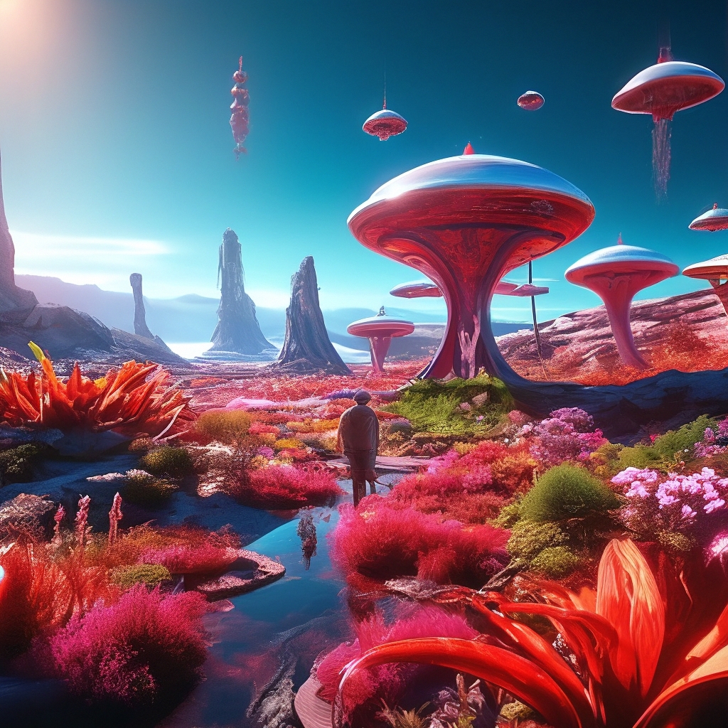 "Life on another planet,alien living plants ,red atmosphere, distant ...