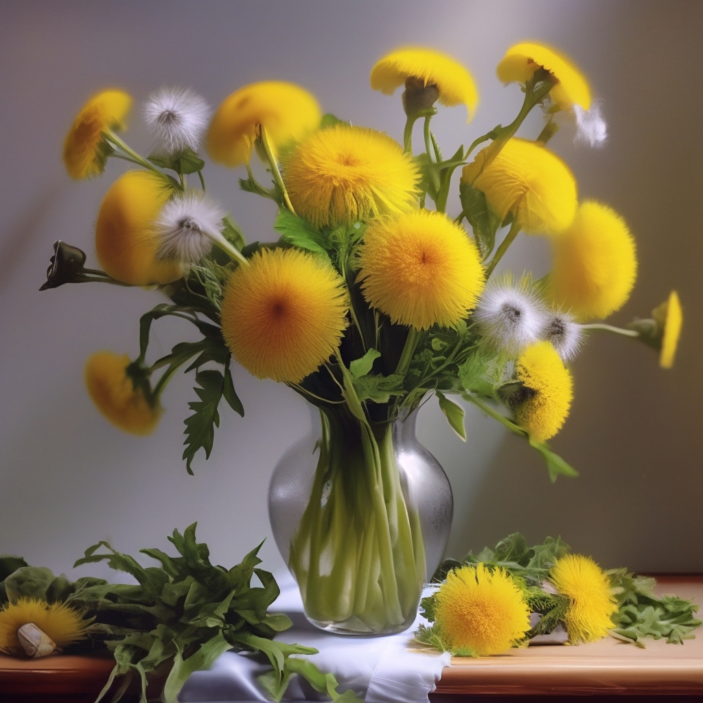 "A bouquet of dandelions in a vase on the table, realistic" — image ...