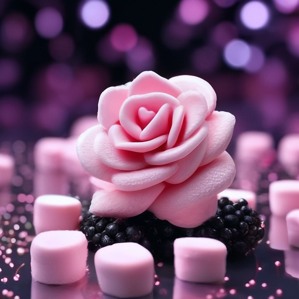 A beautiful rose made of marshmallows and marshmallows. Black sequins ...