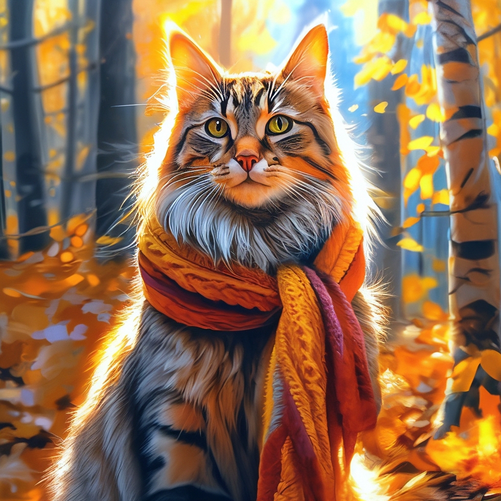 "An artist's cat in a scarf in nature in autumn in the forest draws a ...