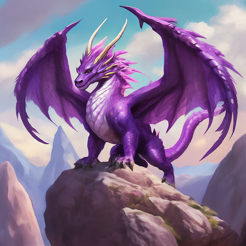 "A big fluffy purple dragon stands on a rock with its wings open ...