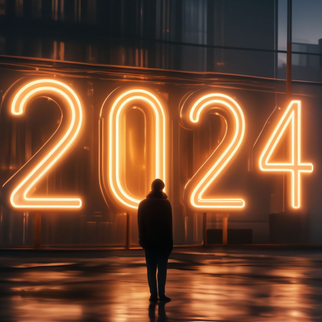 "The number 2024 Luminous, New Year, Neon" — image created in Shedevrum