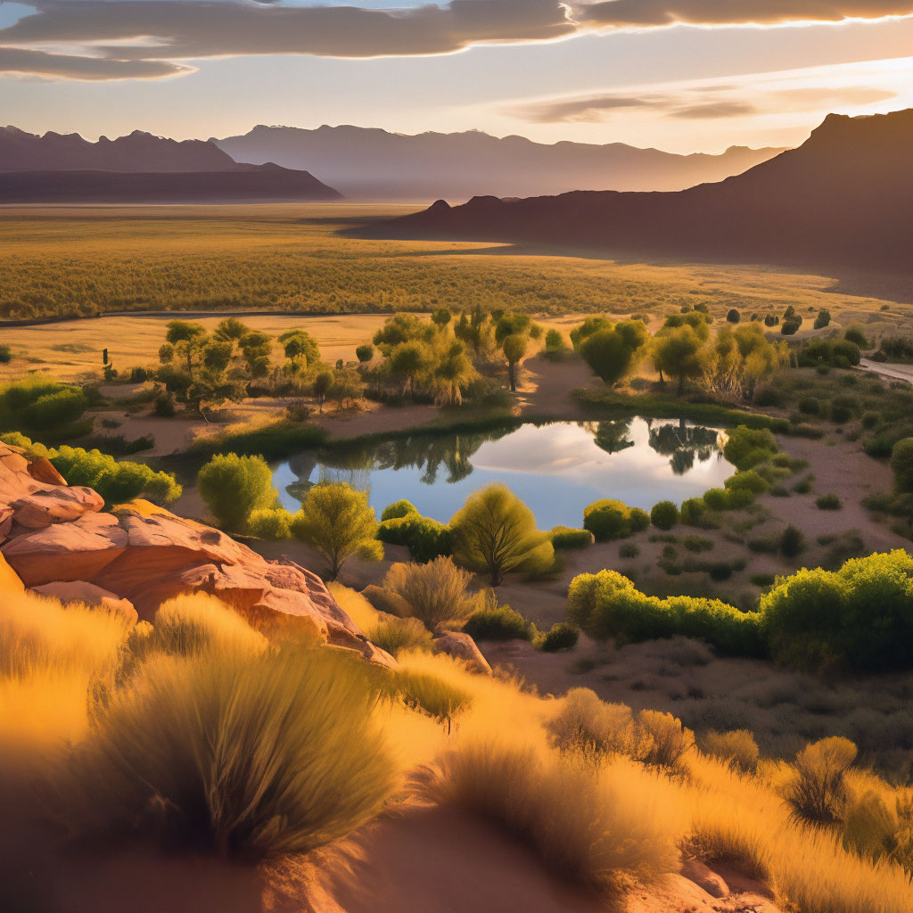 imagine prompt: A sprawling desert landscape with a hidden oasis ...