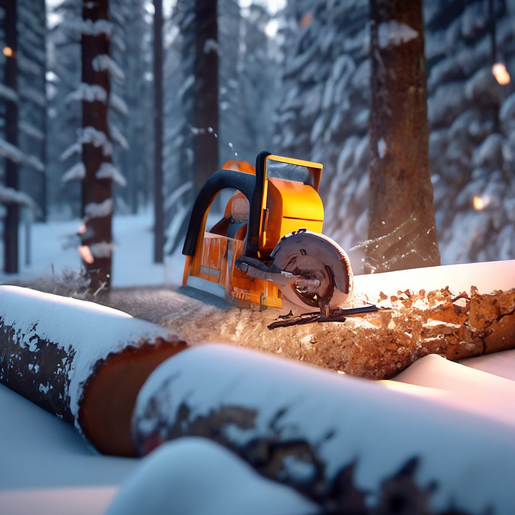 "A woodcutter cuts down a tree in winter with an electronic saw ...