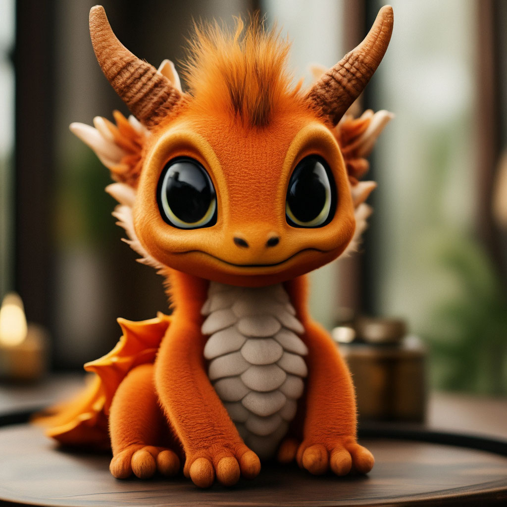 "A small dragon sits all orange hebridean with a fox big eyes and with ...
