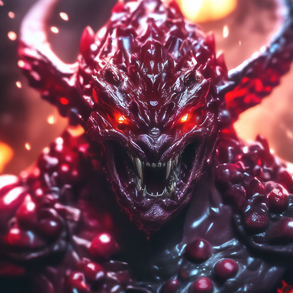 "Ruby demon with amber eyes, skin covered with rubies, huge fangs ...