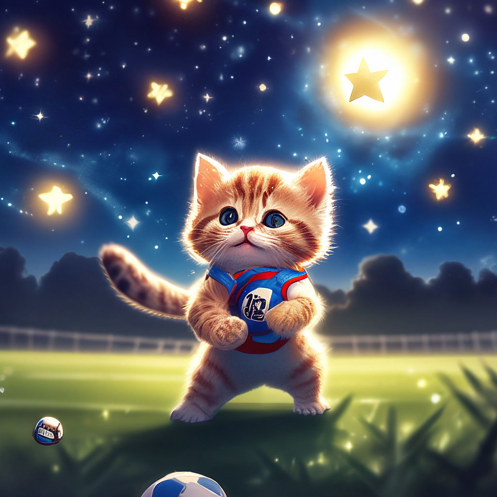 "A little cat is playing football on a starry field" — image created in ...