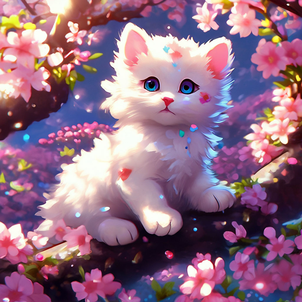 "A blooming lush cherry tree, under it a cute white fluffy kitten ...