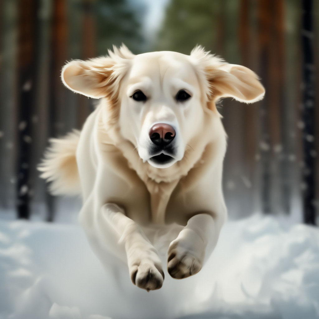"A white retriever dog runs through the snow in a pine forest" — image ...