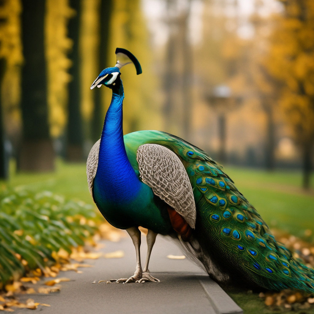 "A beautiful peacock with a big tail walks in a beautiful park" — image ...