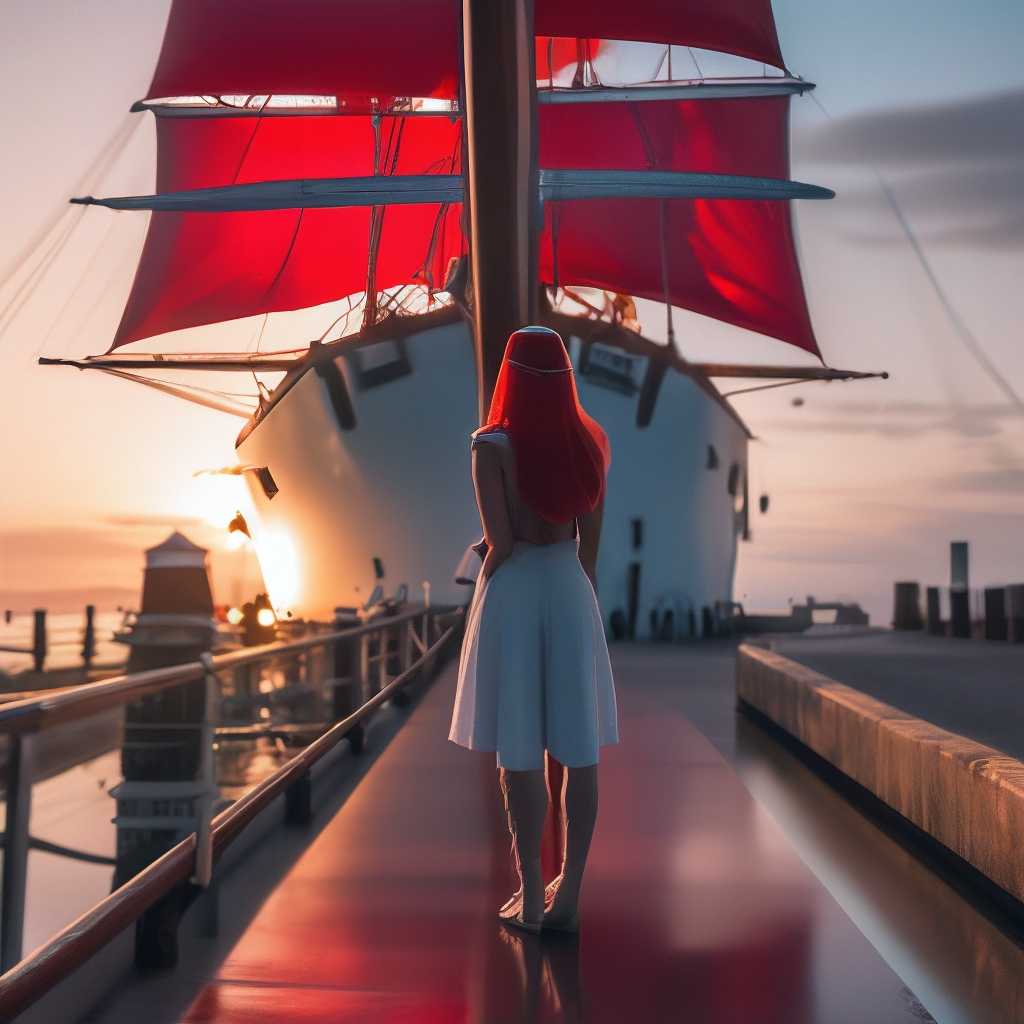 "Asol stands on the pier and looks at the ship with scarlet sails ...