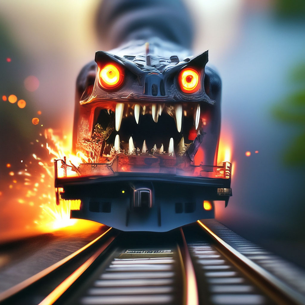 towards the monster rides a monster + train+ burning eyes+ demoni