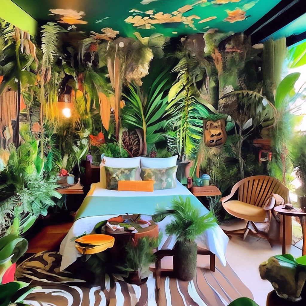 "A jungle-style room" — image created in Shedevrum