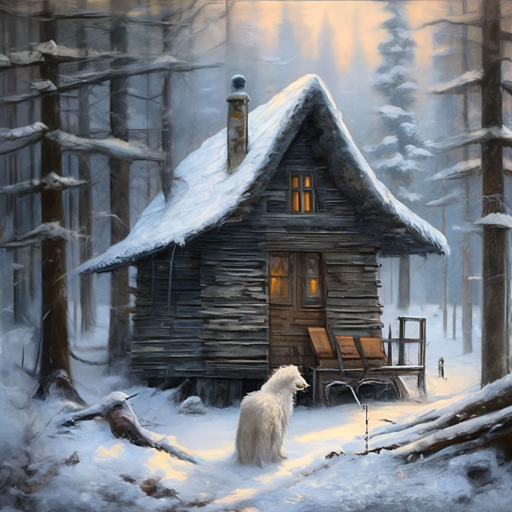 "Winter lived in a hut at the edge of the forest." — image created in ...