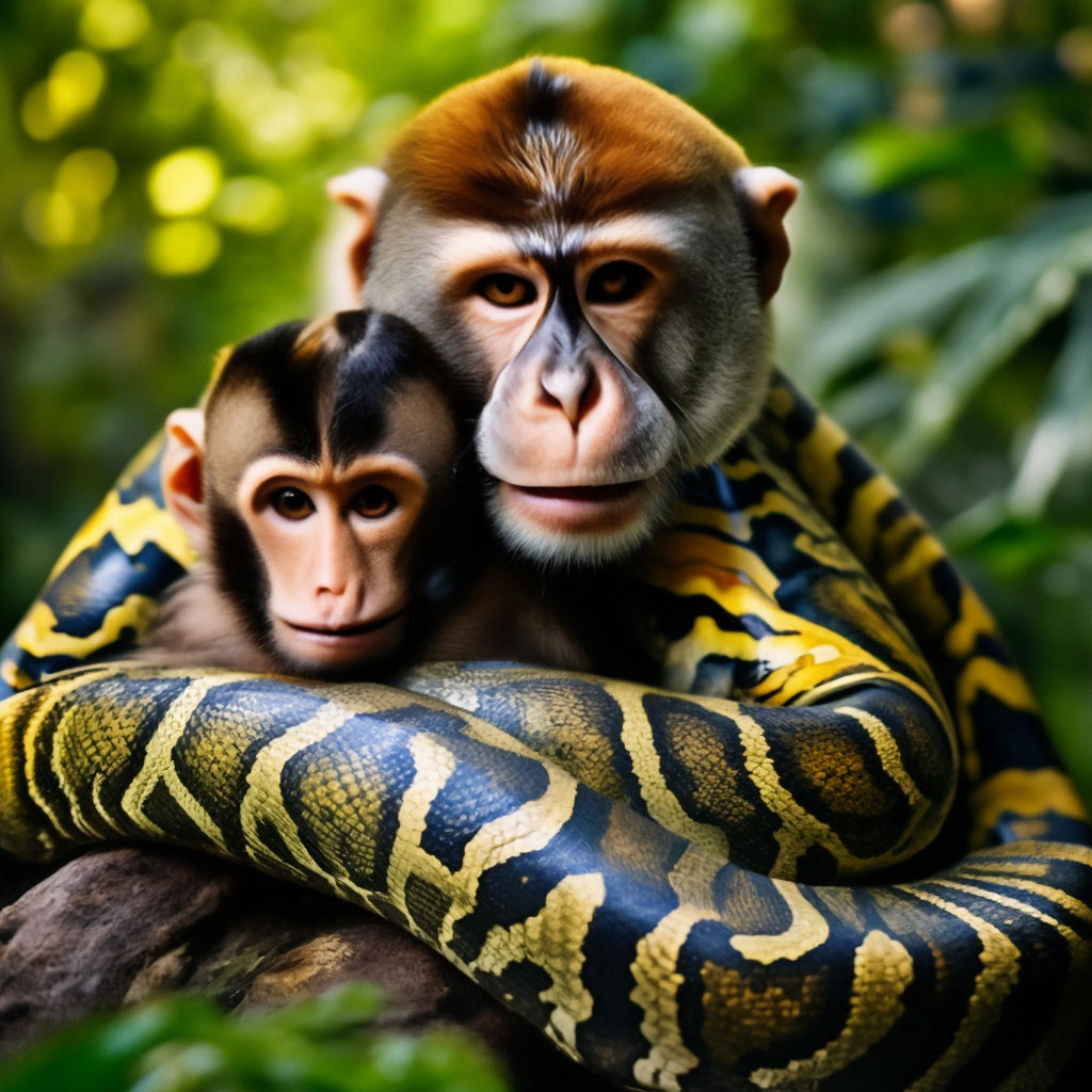 "Python and monkey friendship, jungle" — image created in Shedevrum