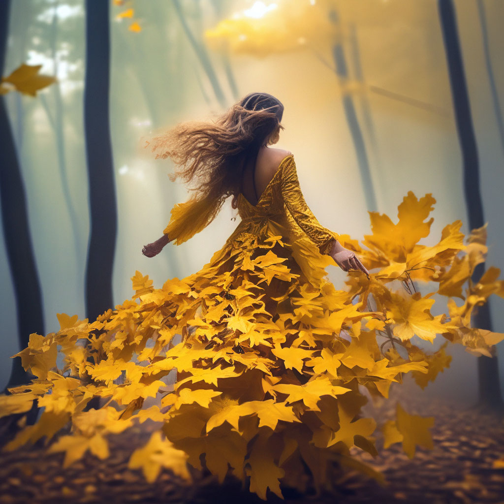 "Autumn girl in a flying long dress made of yellow maple leaves ...
