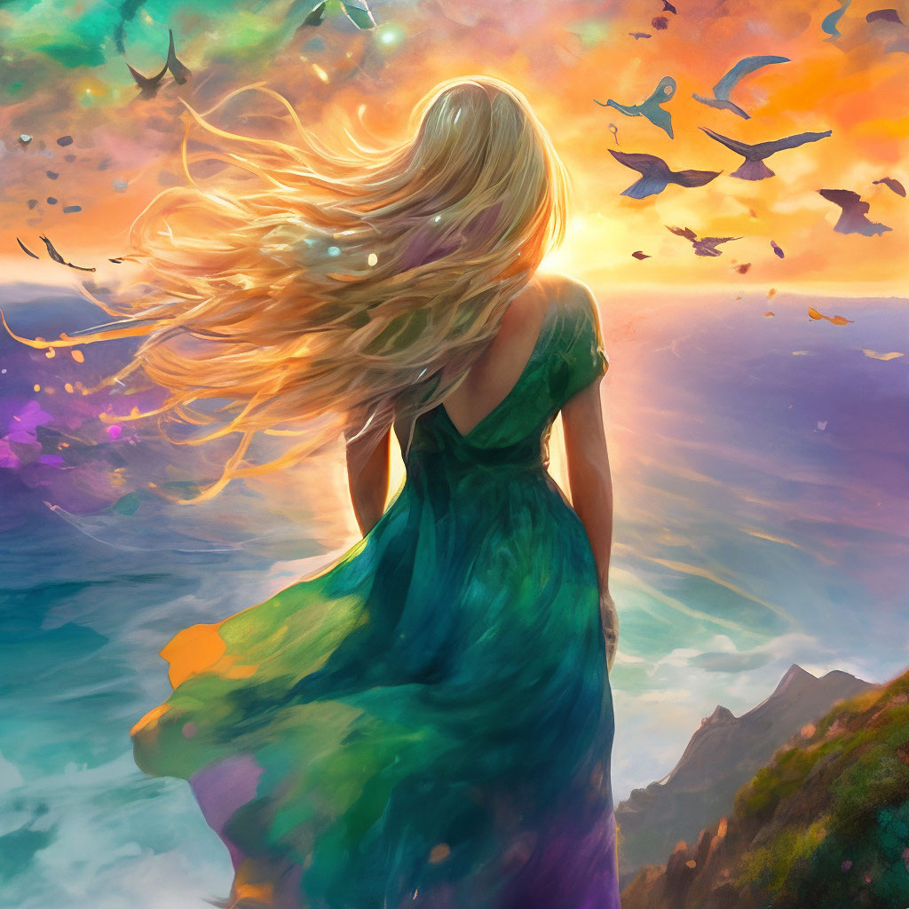 "A beautiful girl stands with her back to the edge of a cliff and looks ...