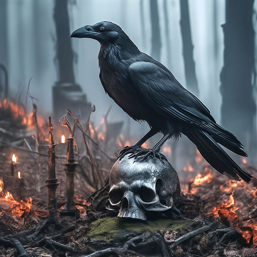 "Realism, 64k, wise black hyper-detailed raven sitting on a skull in a ...