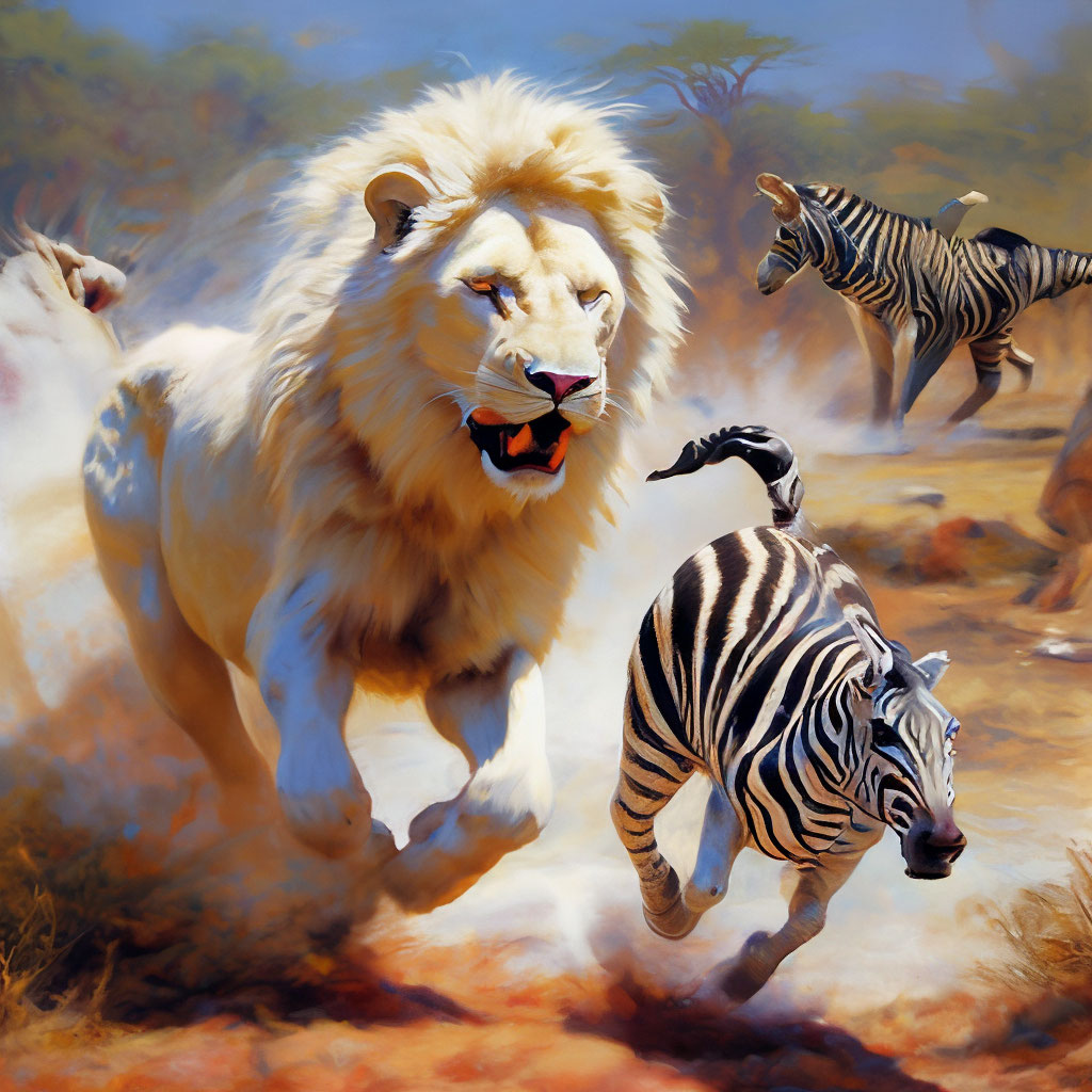 "A white lion chasing a zebra" — image created in Shedevrum