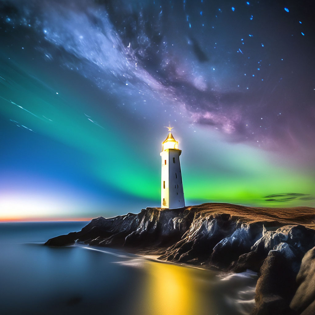 "Old lighthouse on a steep cliff on the seashore, night starry sky in ...