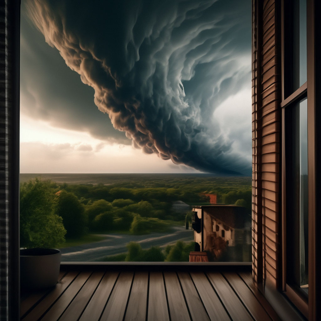 "View from the window of the house, a huge tornado is approaching, 4k ...