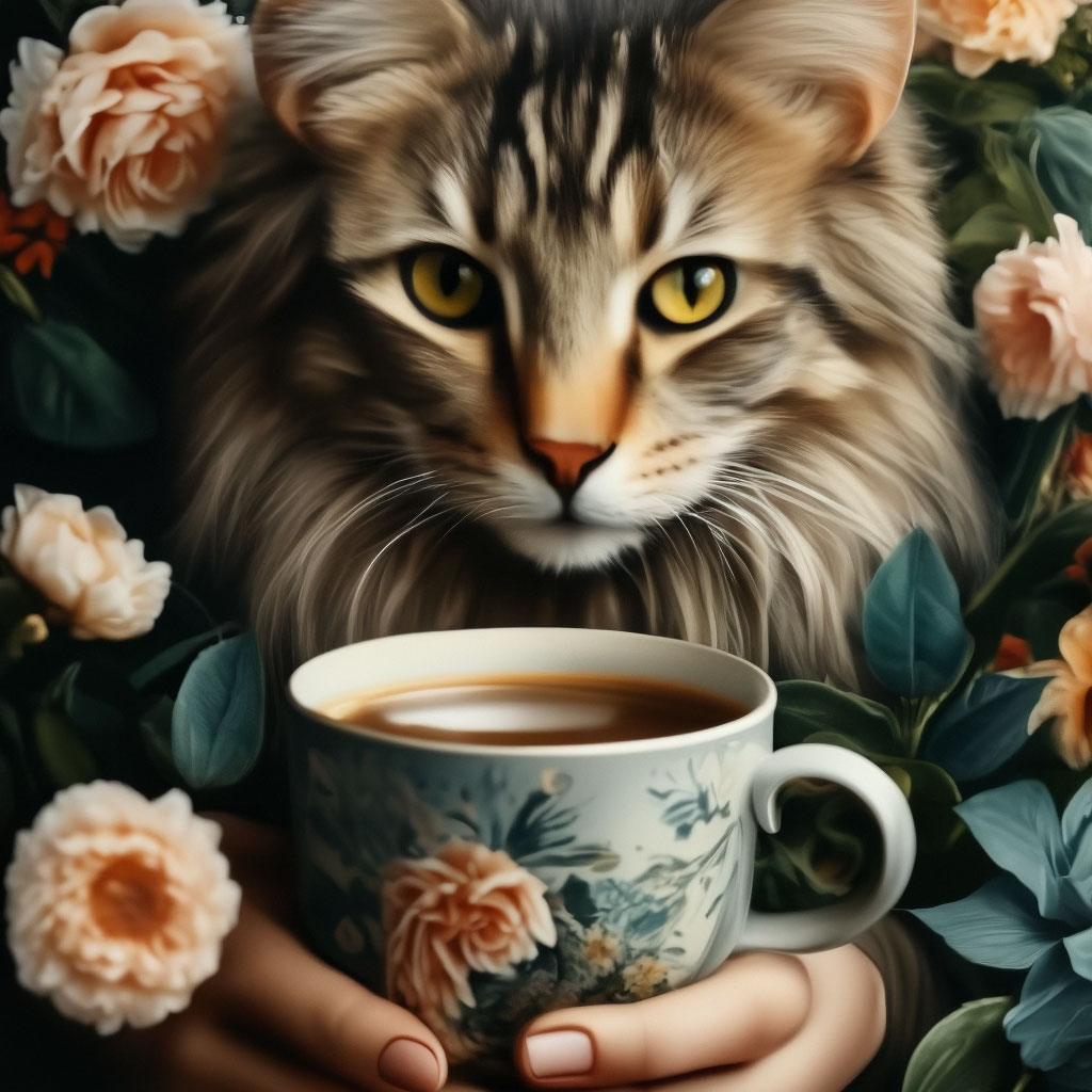 "A floral morning with a cat and a cup of coffee in your hands" — image