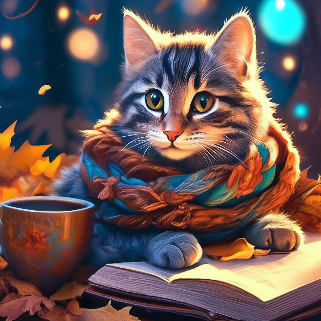 "Autumn still life, super cute cat sitting in a scarf, leaves, scarf ...