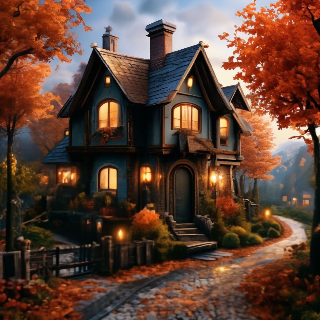 Деревенский домик осенью рисунок