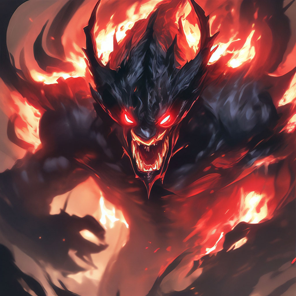 "This is an illustration of a demonic figure with eyes glowing red and ...