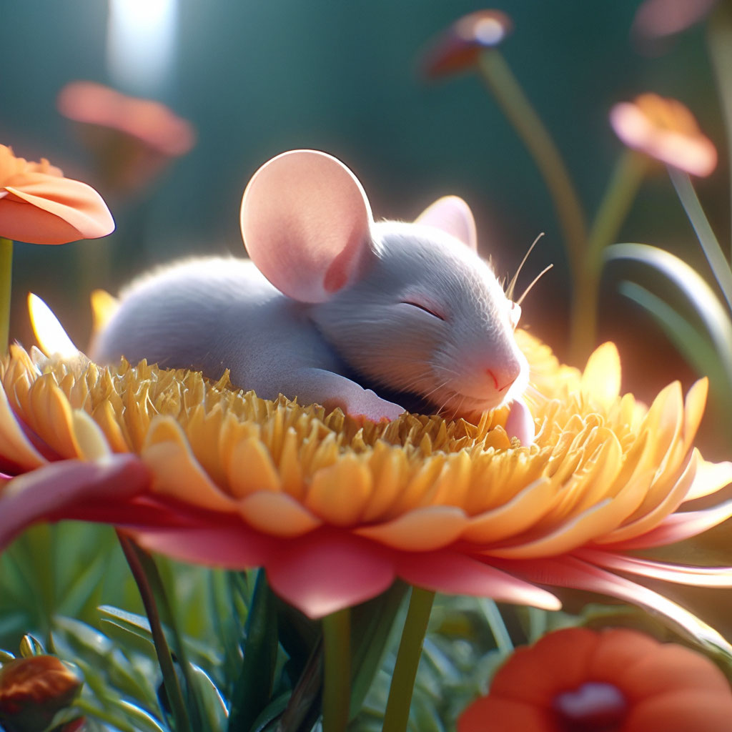 "A little mouse sleeps in a flower" — image created in Shedevrum