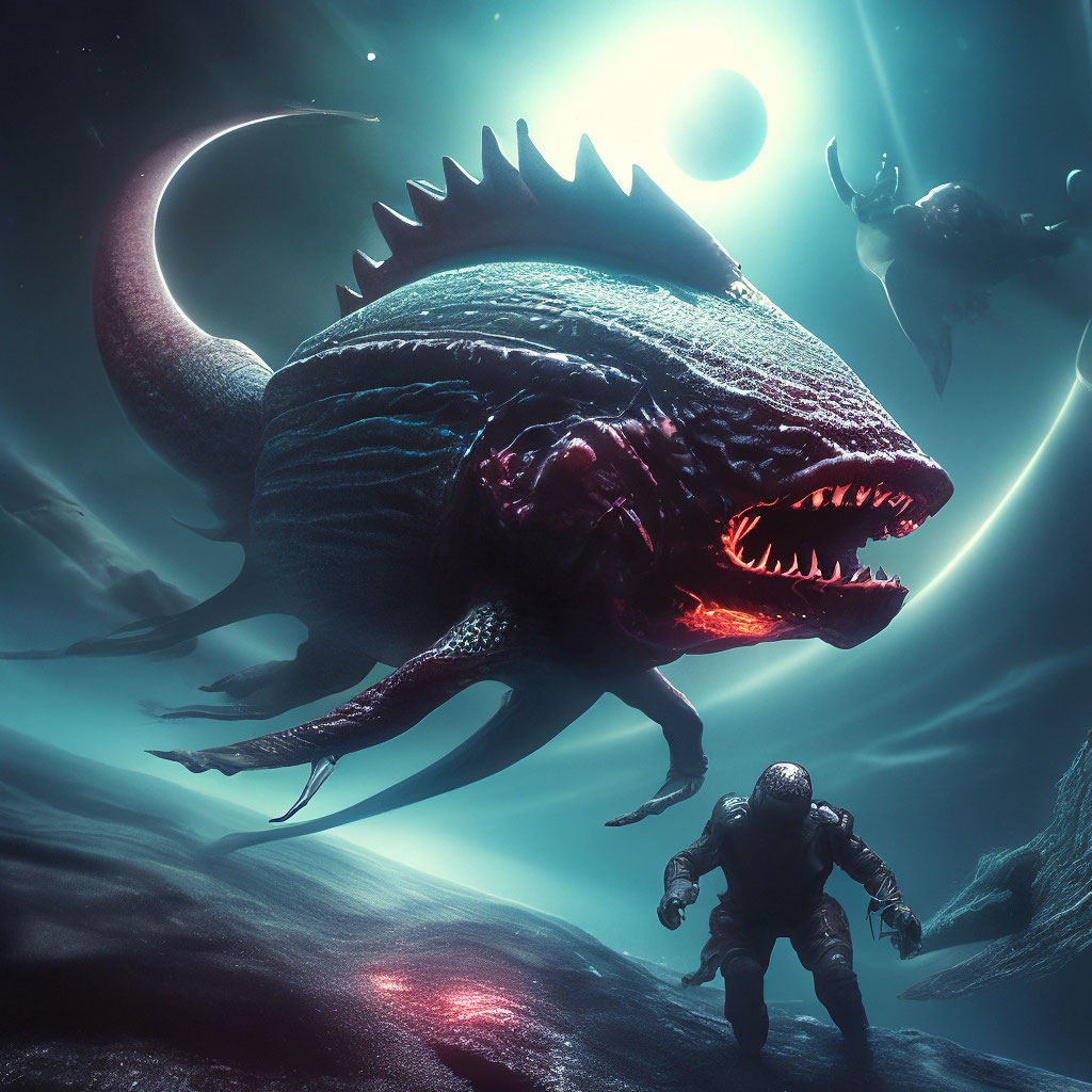 "Giant alien demon fish swims in space" — image created in Shedevrum
