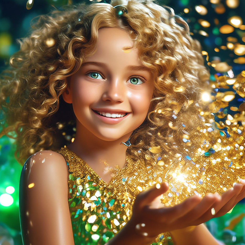 "A cheerful girl with golden curls and green eyes blows away a ...
