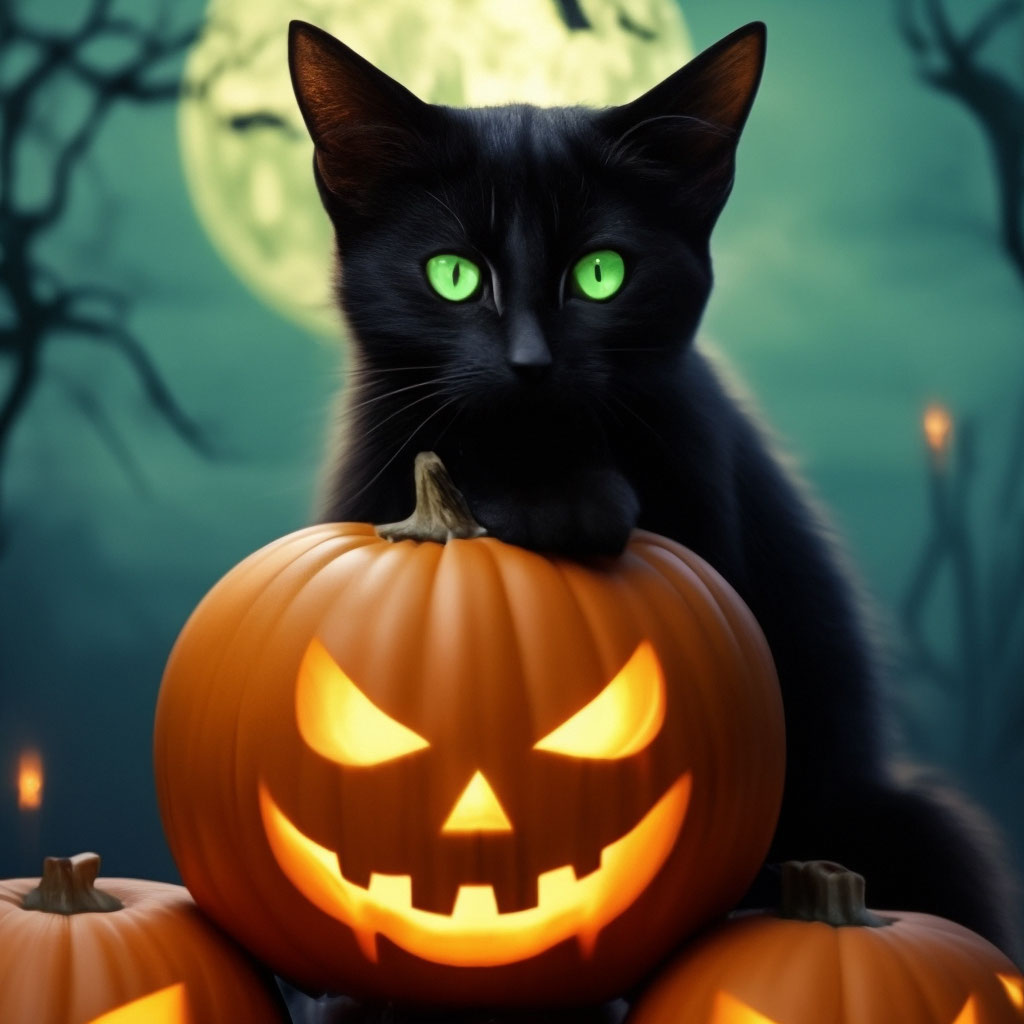 "Halloween 🎃 a black cat with burning green eyes sits on top of a ...